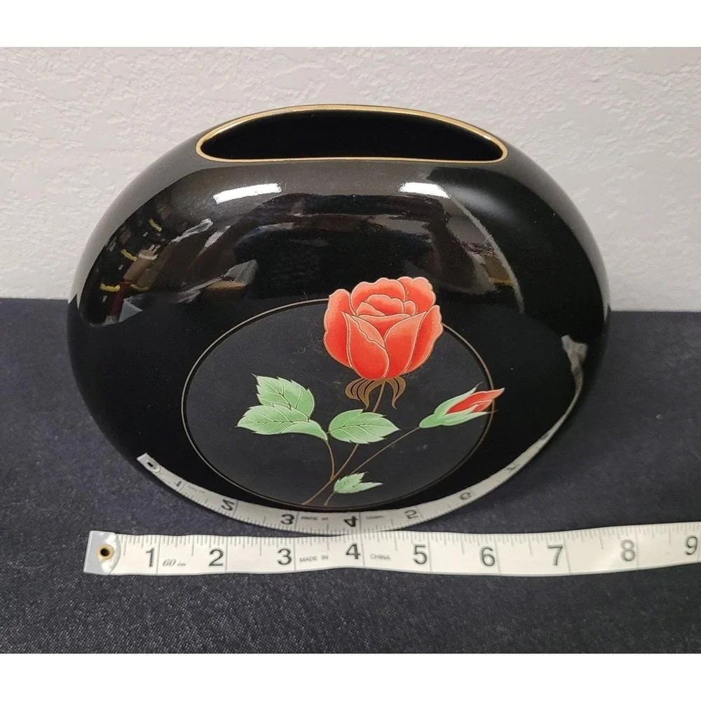 Vintage Otagiri Japan Crimson Rose Black Porcelain Vase 7 x 6 Inch